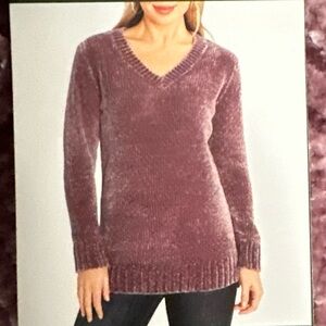 ORVIS Women’s Mauve Chenille Sweater Chunky Knit V-Neck Soft Pullover NWT Medium